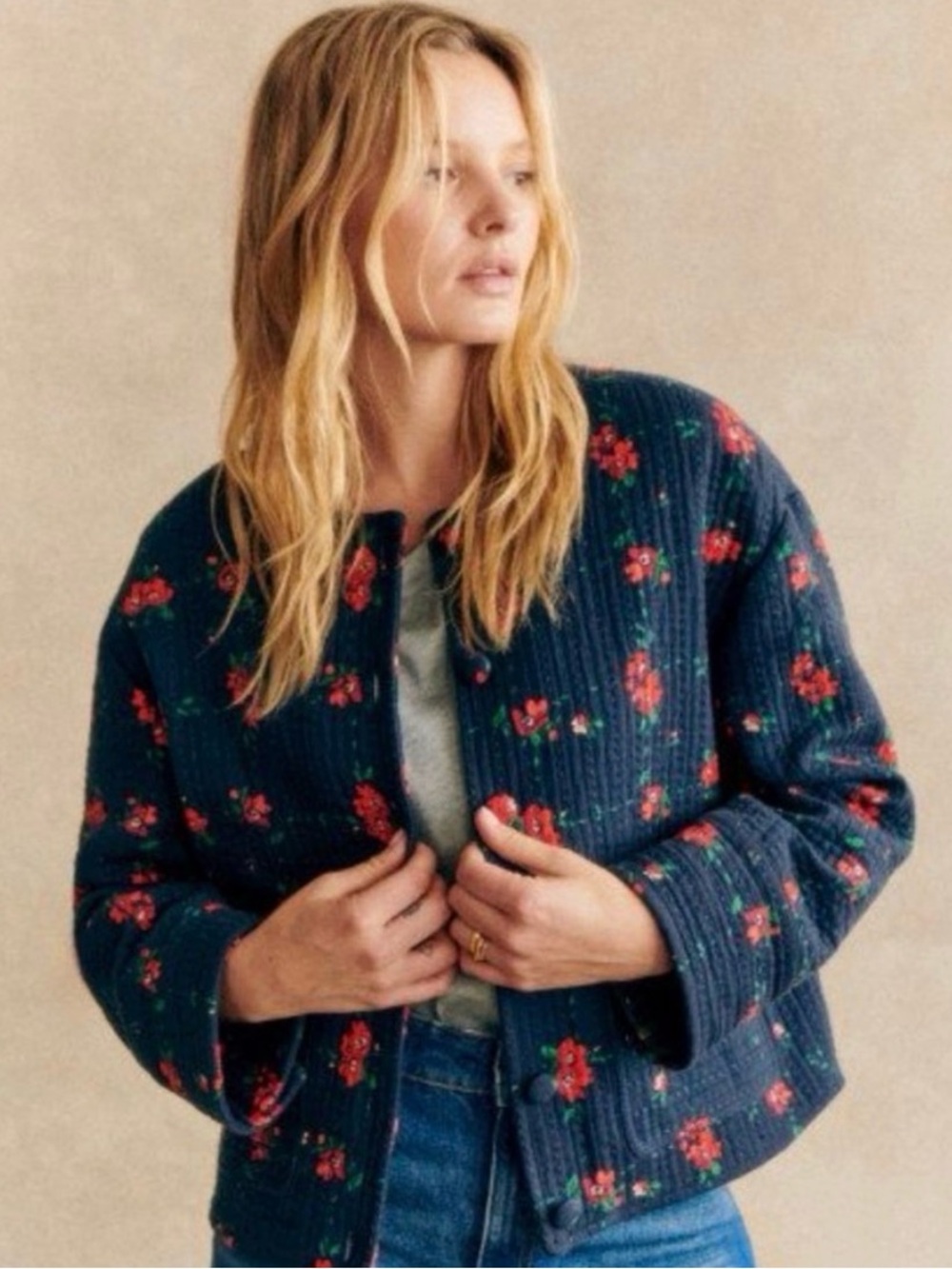 Sézane Dakota Jacket Floral Check Quilted Navy Jacket Red Flowers